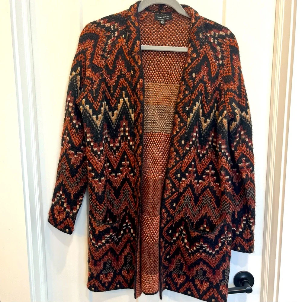 Lucky Brand Cardigan Women's Aztec Wool Blend Open‎ Front Knit Sweater Sz Small